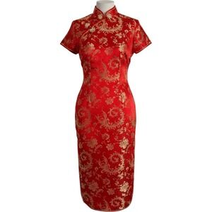 Golden Dragon Red Gold Floral Brocade Qipao Cheongsam Maxi Dress Womens Large
